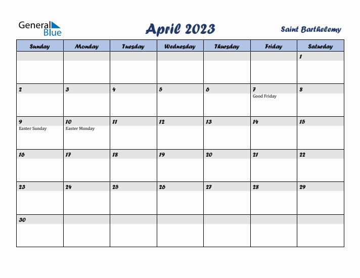 April 2023 Calendar with Holidays in Saint Barthelemy