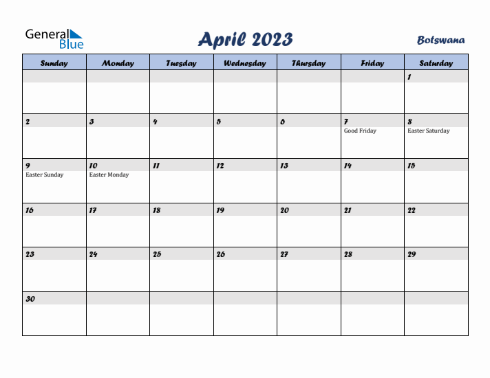 April 2023 Calendar with Holidays in Botswana