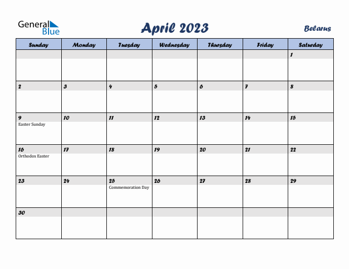 April 2023 Calendar with Holidays in Belarus