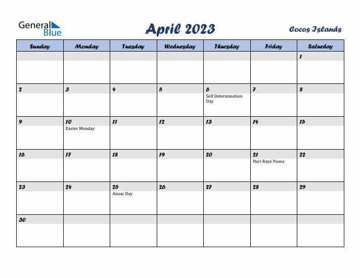 April 2023 Calendar with Holidays in Cocos Islands