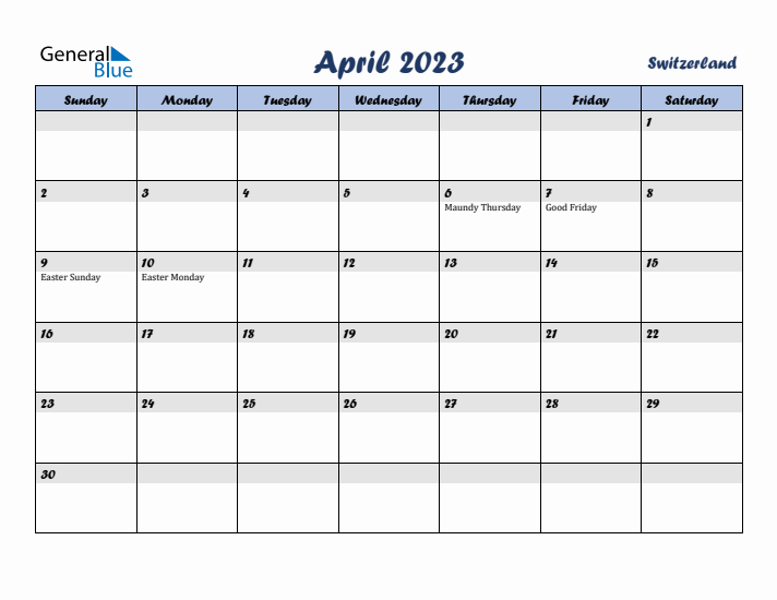 April 2023 Calendar with Holidays in Switzerland