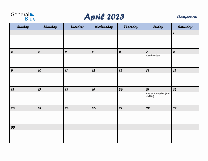 April 2023 Calendar with Holidays in Cameroon