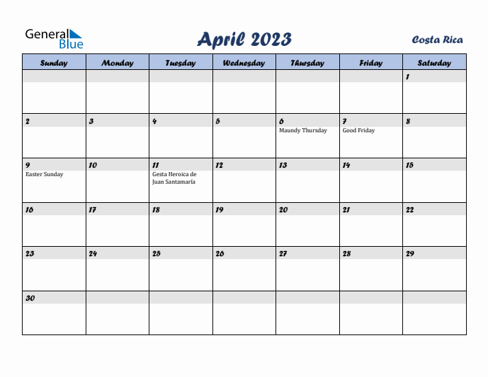 April 2023 Calendar with Holidays in Costa Rica
