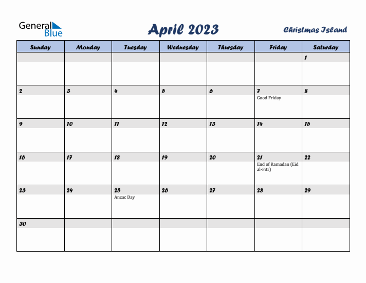 April 2023 Calendar with Holidays in Christmas Island