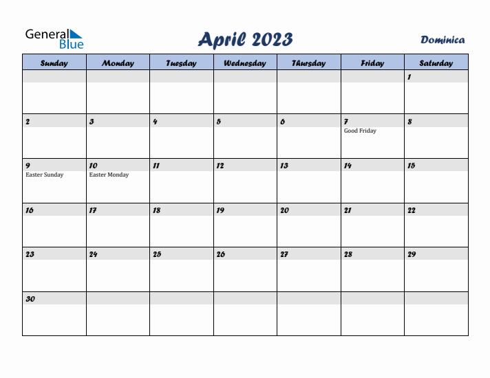 April 2023 Calendar with Holidays in Dominica