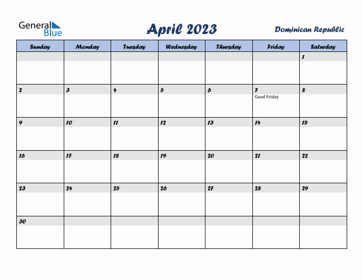 April 2023 Calendar with Holidays in Dominican Republic