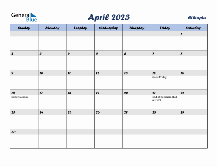 April 2023 Calendar with Holidays in Ethiopia