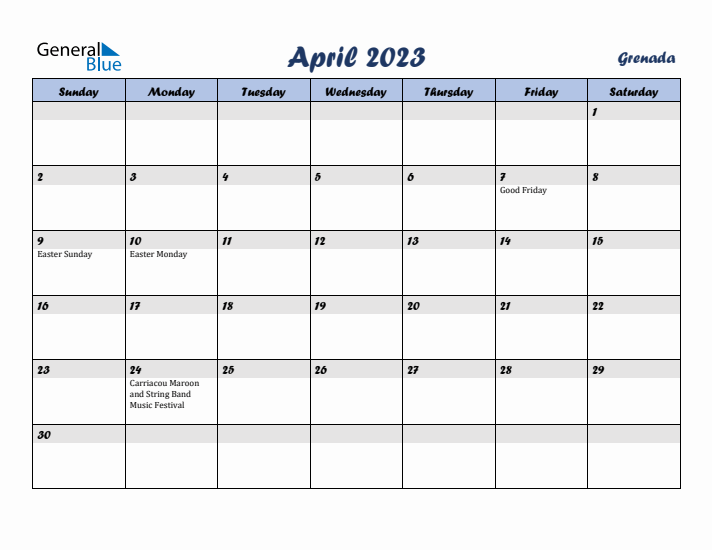 April 2023 Calendar with Holidays in Grenada
