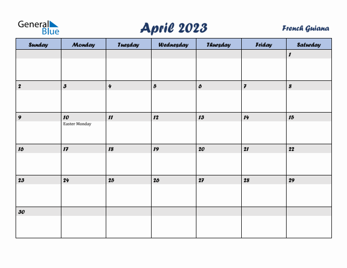 April 2023 Calendar with Holidays in French Guiana