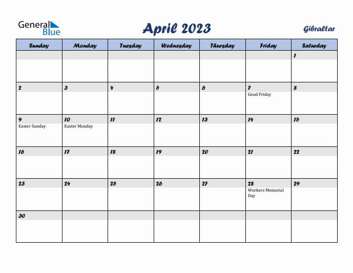 April 2023 Calendar with Holidays in Gibraltar