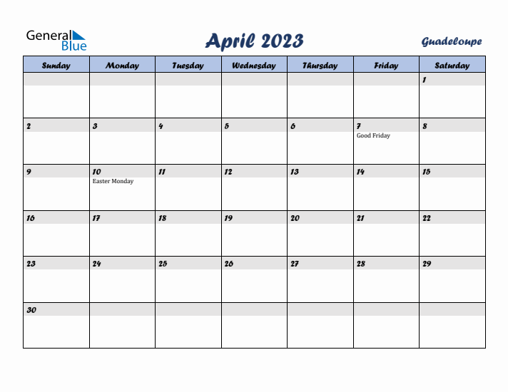 April 2023 Calendar with Holidays in Guadeloupe
