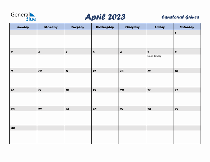 April 2023 Calendar with Holidays in Equatorial Guinea