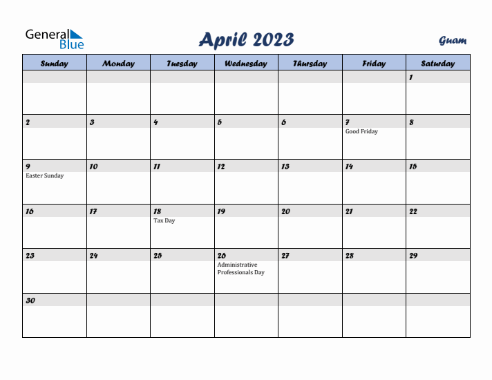 April 2023 Calendar with Holidays in Guam