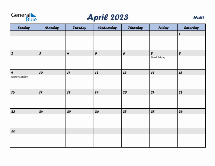 April 2023 Calendar with Holidays in Haiti