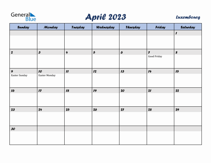 April 2023 Calendar with Holidays in Luxembourg