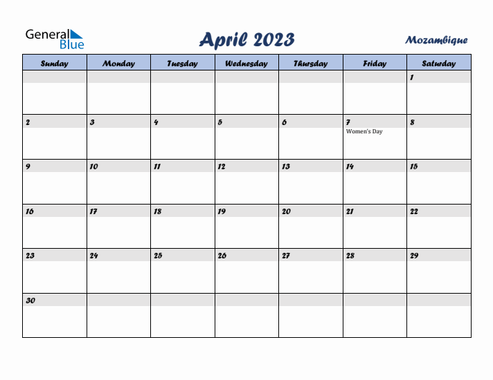 April 2023 Calendar with Holidays in Mozambique