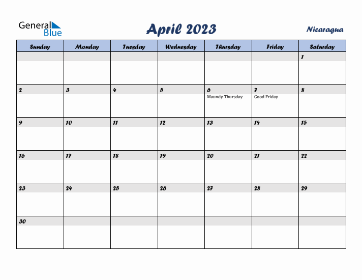 April 2023 Calendar with Holidays in Nicaragua