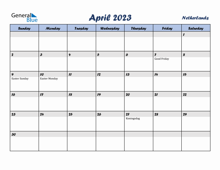 April 2023 Calendar with Holidays in The Netherlands