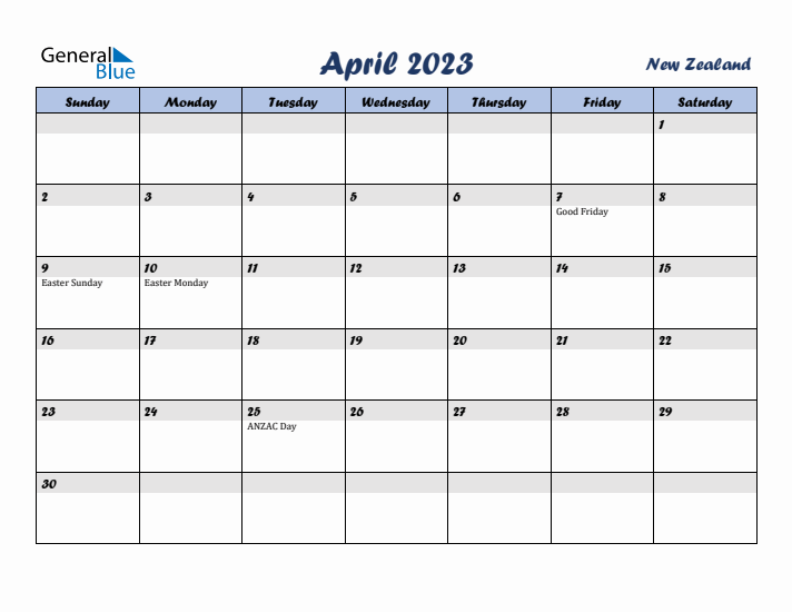April 2023 Calendar with Holidays in New Zealand