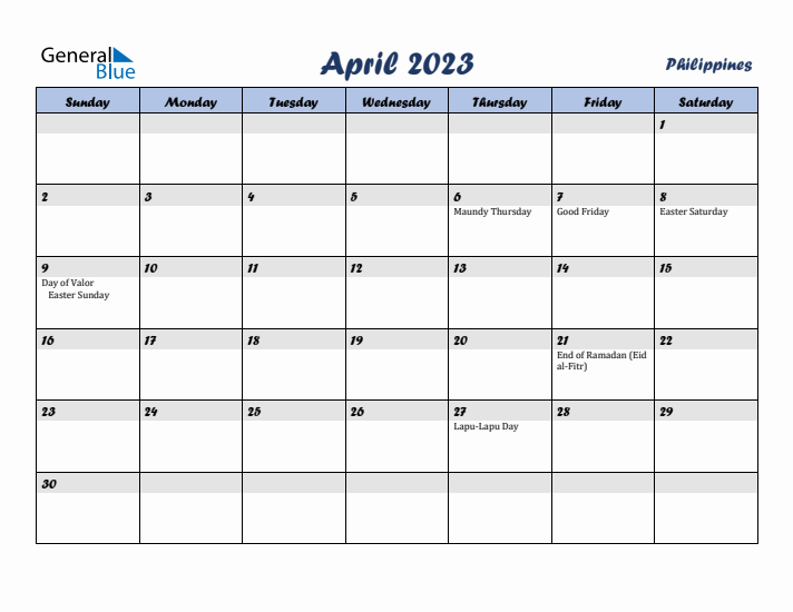 April 2023 Calendar with Holidays in Philippines