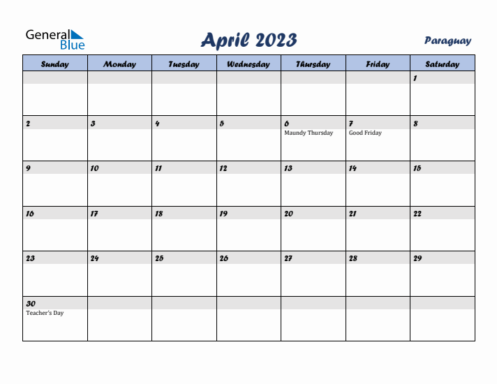 April 2023 Calendar with Holidays in Paraguay