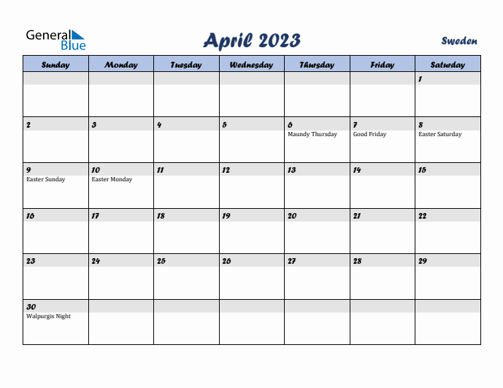 April 2023 Calendar with Holidays in Sweden