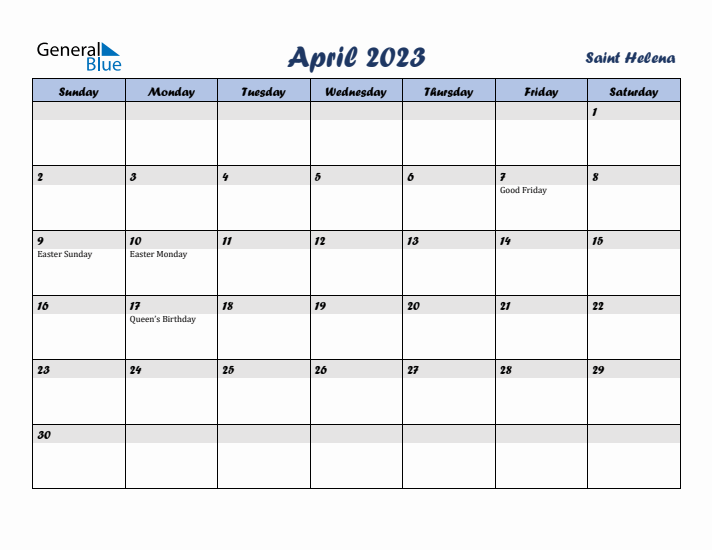 April 2023 Calendar with Holidays in Saint Helena