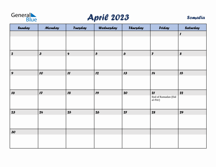 April 2023 Calendar with Holidays in Somalia
