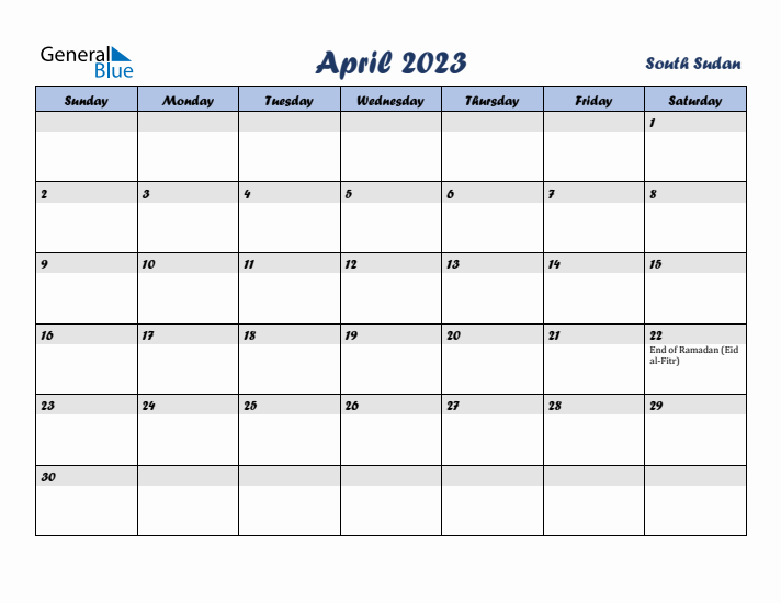 April 2023 Calendar with Holidays in South Sudan