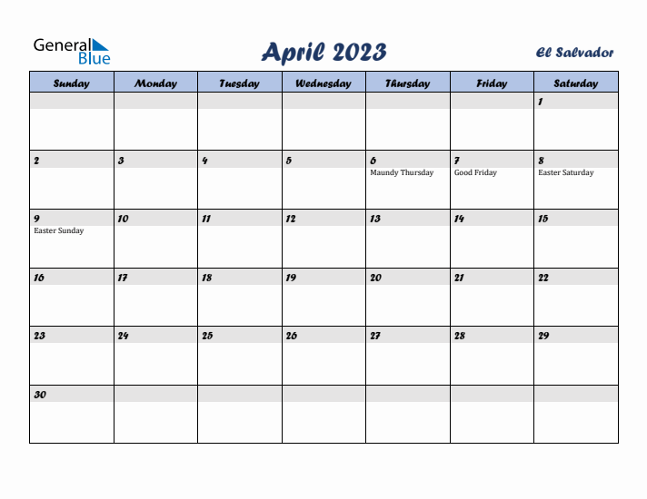 April 2023 Calendar with Holidays in El Salvador