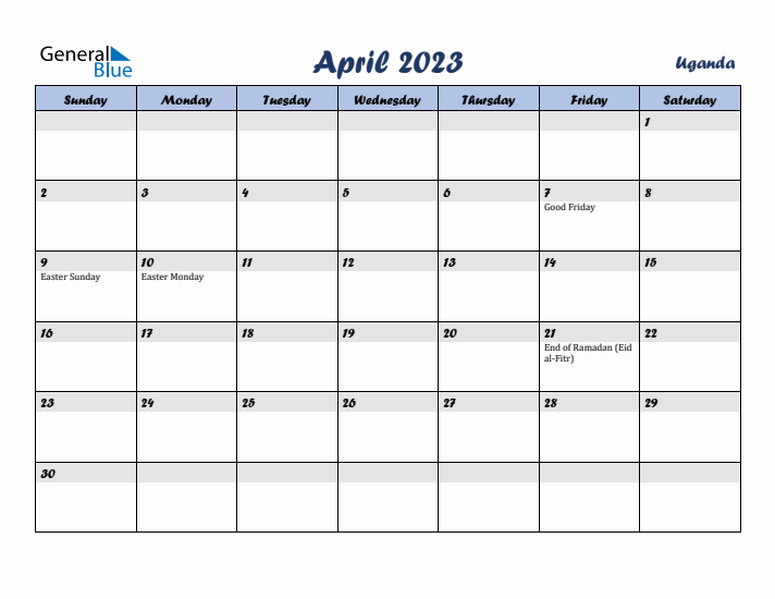 April 2023 Calendar with Holidays in Uganda