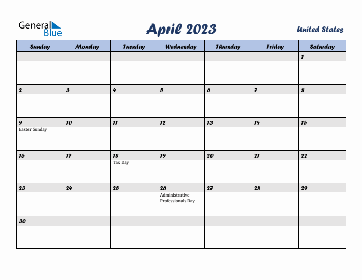 April 2023 Calendar with Holidays in United States