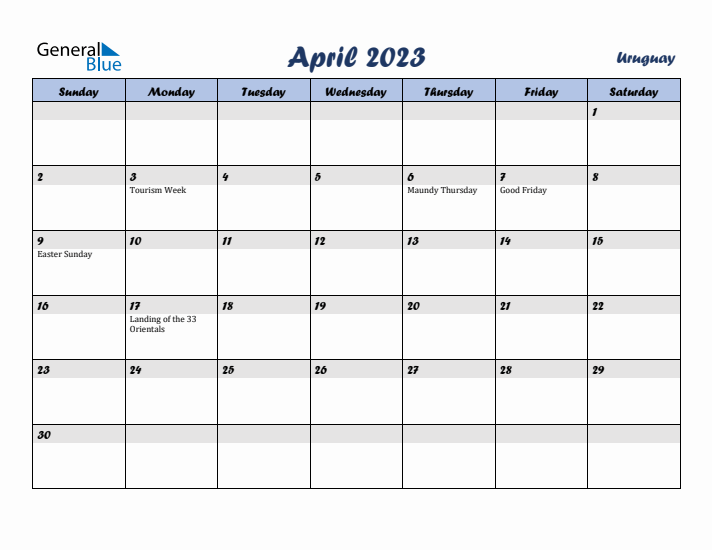 April 2023 Calendar with Holidays in Uruguay