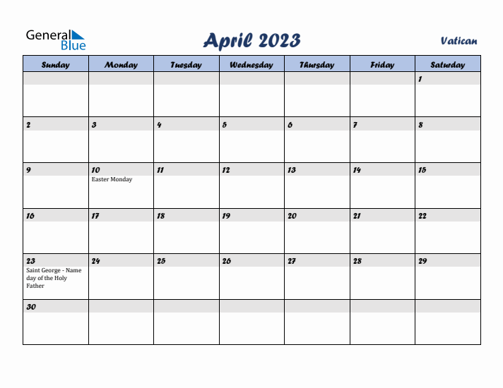 April 2023 Calendar with Holidays in Vatican