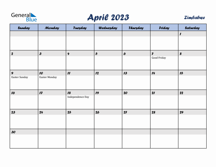April 2023 Calendar with Holidays in Zimbabwe