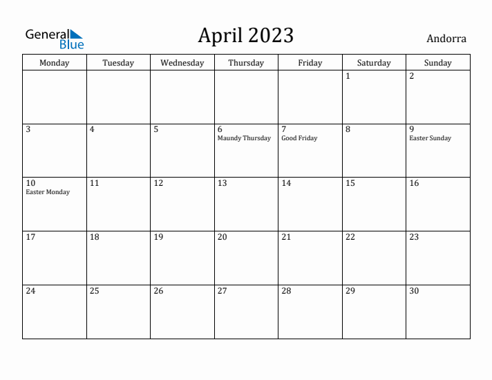 April 2023 Calendar Andorra