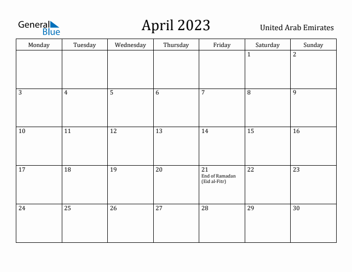 April 2023 Calendar United Arab Emirates