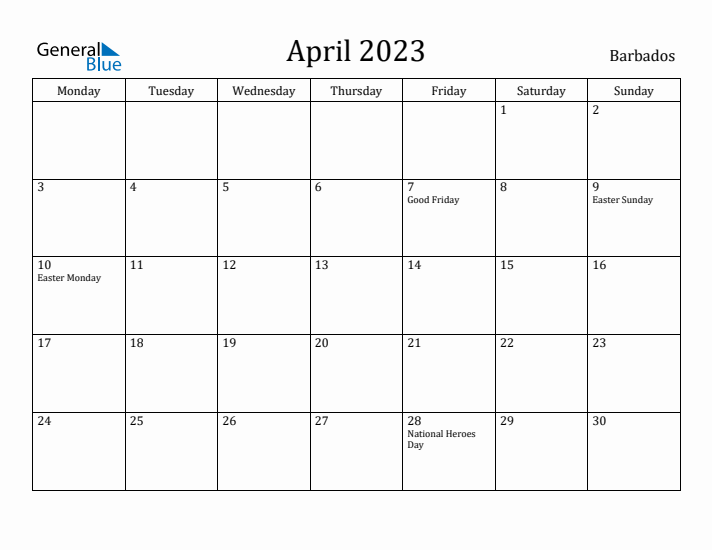April 2023 Calendar Barbados