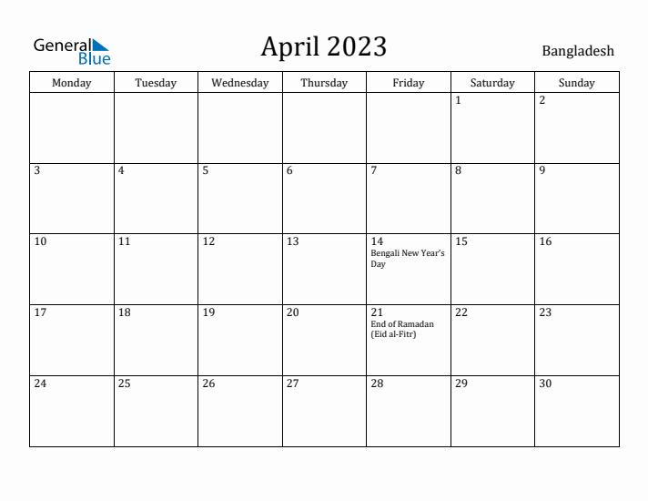 April 2023 Calendar Bangladesh