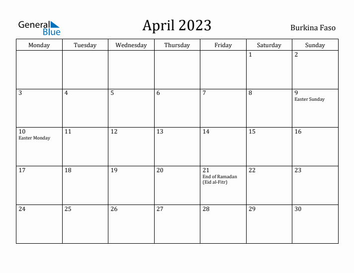 April 2023 Calendar Burkina Faso
