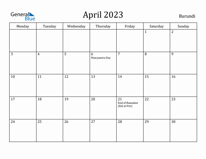 April 2023 Calendar Burundi