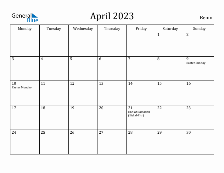 April 2023 Calendar Benin