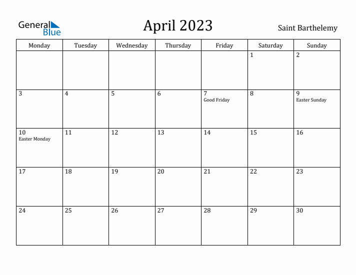 April 2023 Calendar Saint Barthelemy
