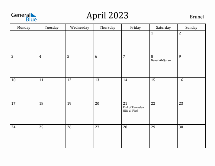 April 2023 Calendar Brunei