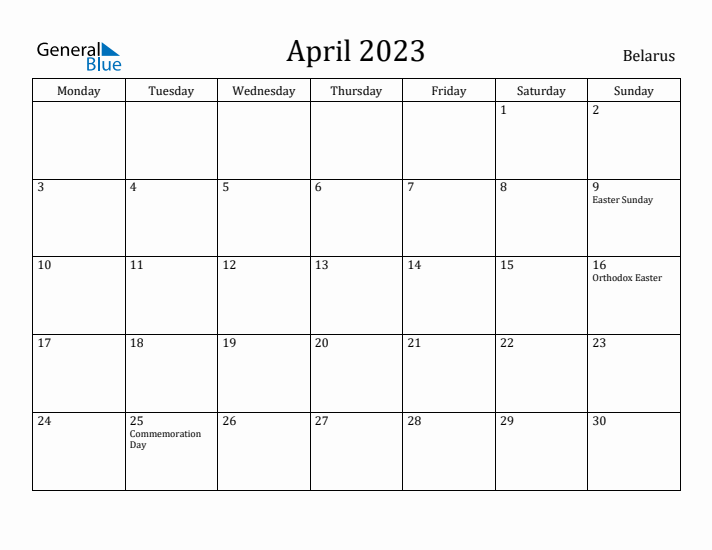 April 2023 Calendar Belarus