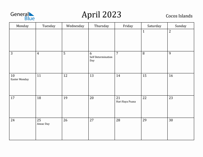 April 2023 Calendar Cocos Islands