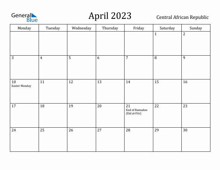 April 2023 Calendar Central African Republic