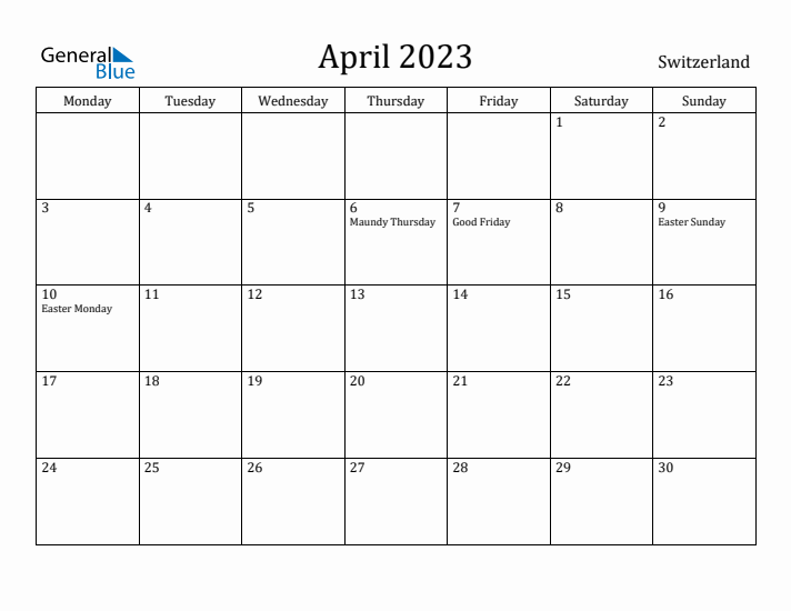 April 2023 Calendar Switzerland