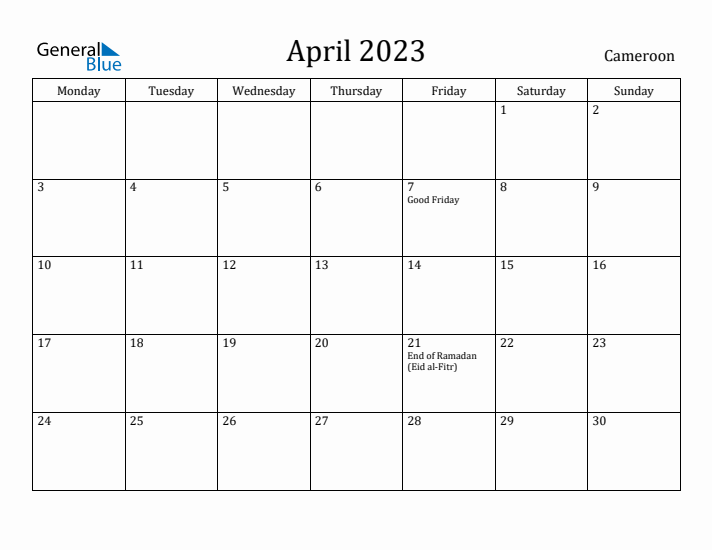 April 2023 Calendar Cameroon