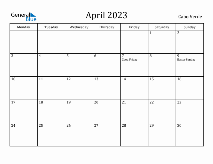 April 2023 Calendar Cabo Verde
